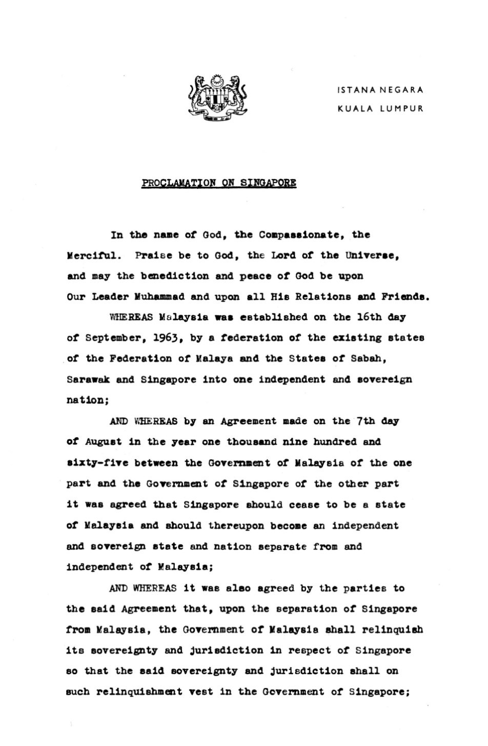 Independence Of Singapore Agreement 1965 Singapore Statutes Online